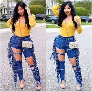 Denim Fringe Side High Waist Destroyed Jeans